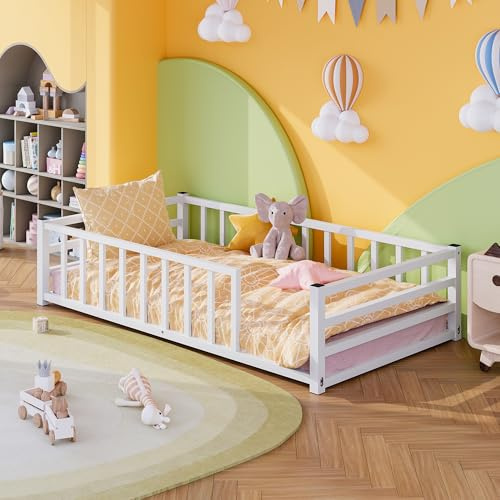 VECOCHO Montessori Kinderbett 90×200 mit Rausfallschutz&Lattenrost,Weiß | Bodenbett 90x200 cm bis 200 kg belastbar, Kinder Bett für Jungen & Mädchen,Leicht zu Montieren und Stabil