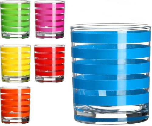 Pack de 6 Verres 28cl Couleurs Assorties – Verres à Boisson Décorés à Rayures Colorées Vitaminées – Résistant et Pratique- Verre Robuste de Haute Qualité - Couleurs Assorties (6 Verres, 6 Couleurs)