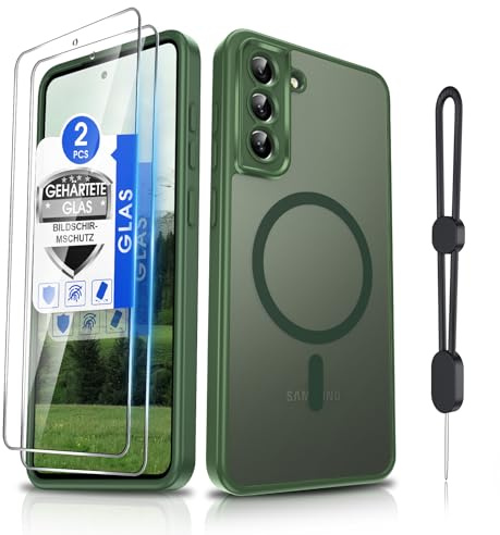 Dizn Handyhülle für Samsung Galaxy S21-FE 5G: für MagSafe mit 2 Stück Displayschutz Folie, Kamera Schutz, Matt Transluzent Cover mit Handykette,Soft Touch,Militärischer Cover,Phone Case für S21FE,Grün