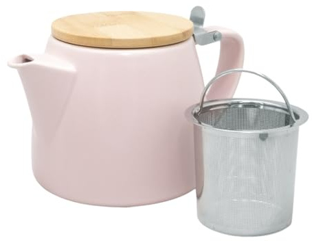 Nerthus FIH 1615 Tetera Porcelana con Infusor 500 ml, Tetera para Té e Infusiones, Filtro Acero Inoxidable Extraíble, Tapa Bambú, Tetera con Colador, Color Rosa