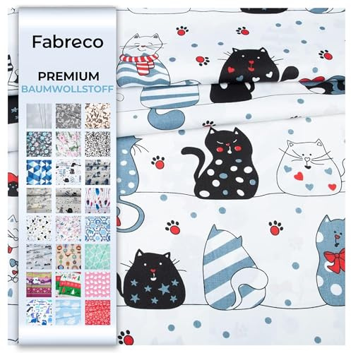 Fabreco - 100% Premium Baumwollstoff Meterware 100x160cm - verrückte Katzen weiße | 220 g/lfm – Weich, langlebig & hautfreundlich | Stoffe Zum Nähen & Dekoration | Stoff Meterware - Fabric
