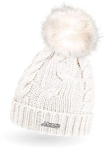 Neverless® gefütterte Damen Strickmütze mit Fell-Bommel und Fleece Futter, Winter-Mütze, Bommelmütze Creme Unisize
