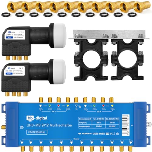 UHD Quattro LNB + Multicommutateur pmse HB-DIGITAL pour Full HDTV 3D 4K UHD avec bloc d'alimentation + fiche F dorée
