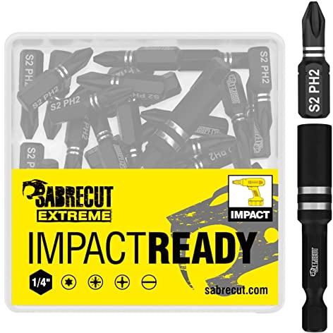21 punte per cacciavite a percussione SabreCut SCPA25_21PH 25 mm PH2 Set di punte a croce Phillips n. 2 per impieghi gravosi con supporto per punte e scatola di immagazzinaggio