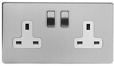 Brushed Chrome Socket with White Insert - Screwless Faceplate (White Insert, 2 Gang Double Plug Socket)