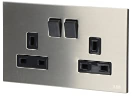 ABB Millenium Double Plug Sockets • Stainless Steel Premium Finish 13A Electric Wall Socket • Elite Design for the Home and Business • AM239147-SB 2G BS DP Switched Double Socket