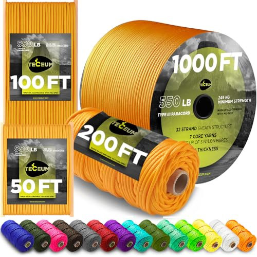 TECEUM Paracord Type III 550 Honey Gold – 15 m – 4mm – Tactical Rope MIL-SPEC – Outdoor Para Cord – Camping Hiking Fishing Gear and Equipment – EDC Parachute Cord – Strong Survival Rope (50ft) 089