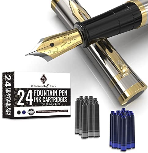 Wordsworth & Black Füllfederhalter Set, Extra Fein Feder, Enthält 24 Tintenpatronen Und Tintennachfüllkonverter, Geschenketui [Silber Gold]