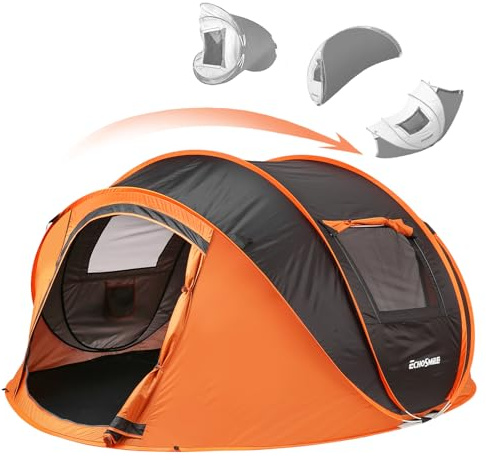 EchoSmile Instant Pop Up Camping Tent, 4 Person Easy Setup Tent, Water Resistant Dome, Portable with Carry Bag,Black & Orange