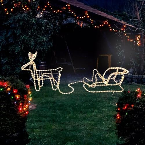 Garden Mile Sleigh Reindeer Outdoor Christmas Light - Large Warm White Pre-Lit Rope Lights for Xmas Garden Decorations - Durable Freestanding Christmas Decorations