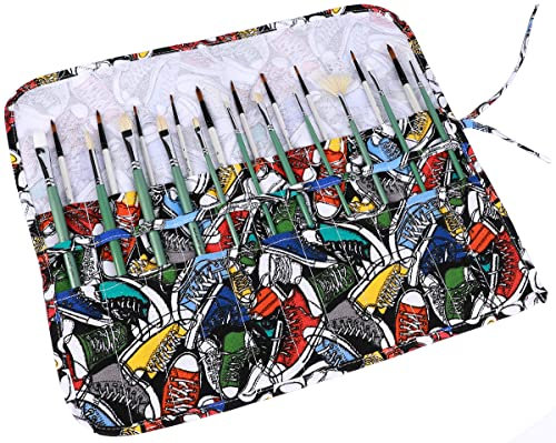 Amoyie Trousse pour Pinceaux de Peinture, Sacs Organiseurs en Tissu, Porte-brosses Pochettes Rouleaux, 22 Poches