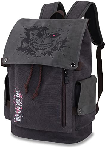 Roffatide Anime Tokyo Ghoul Ken Kaneki Canvas Laptop Rucksack Damen Herren Canvas Rucksack Klappe Bedruckt Schultasche College Bookbag Grau