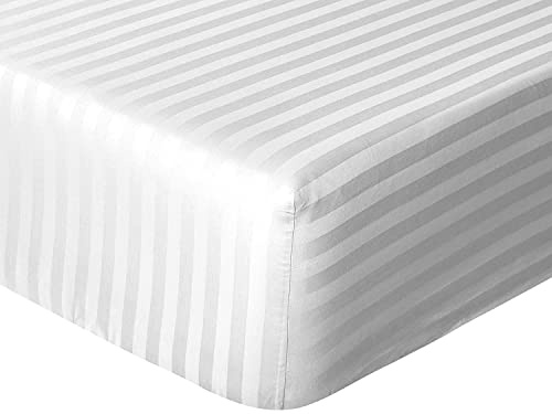 Sleepdown Hotel Quality Fitted Sheet 100% Cotton Satin Stripe Warm Cosy Breathable Super Soft Bedsheet Bed Linen Easy Care 32cm Extra Deep Pockets - White - Double (5056557513987)