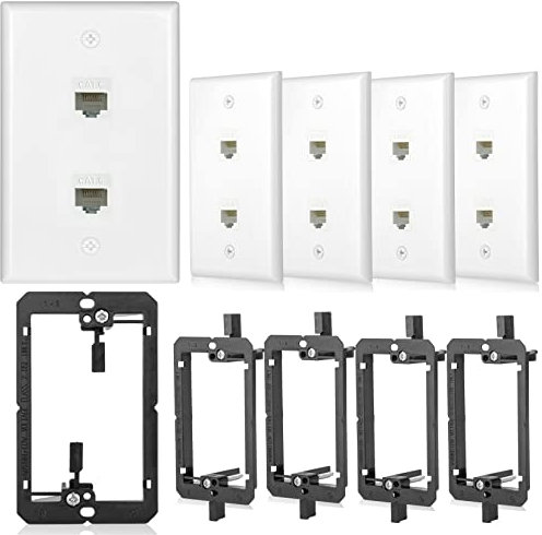 5 Pack Ethernet Wall Outlet 2 Port Cat6 Wall Plate with Low Voltage Mounting Bracket Jack RJ45 Keystone Network Cables Inline Coupler Wires Connector Female to Female Double White 2Port