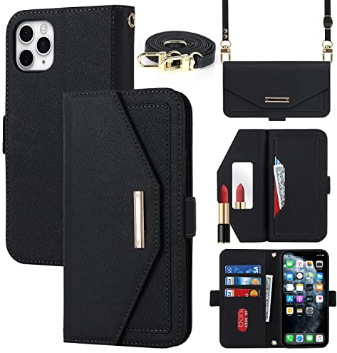 Cavor Case compatible with iPhone 11 Pro Max Phone Case With Strap,Crossbody Flip Leather Wallet Case,[5 Card Holder][Mirror][Magnetic],Lanyard Case Cover for women - Black