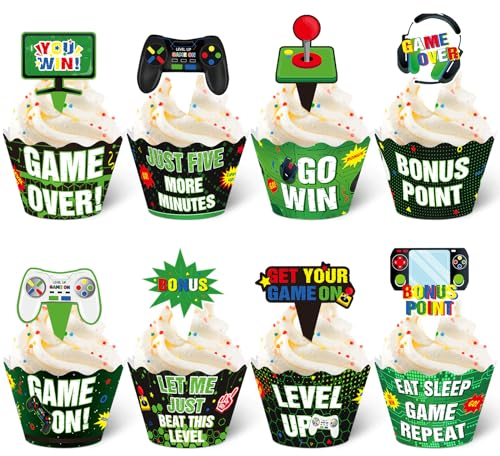 Nuenen 96 Pcs Video Game Cupcake Topper Decoration Gaming Game on Controllers Cupcake Picks Gamepad Cake Decorations for Boys Gamer Birthday Anniversary Party(Green)