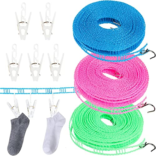 Jogoico 3 Pezzi Filo Per Stendere Il Bucato Portatili, 5M Filo Stendibiancheria Antivento Nylon Washing Linea di Lavaggio Vestiti Corda con 5 Clips per Campeggio, Cantiere, Viaggio, Esterno, Casa
