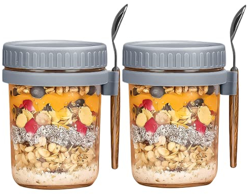 Overnight Oats Jars, Overnight Oats Container with Lid and Spoon, 10 oz Glass Mason Overnight Oats Jars with Measurement Marks, Large Capacity Airtight Jars for Milk, Cereal, Fruit (Grey2)