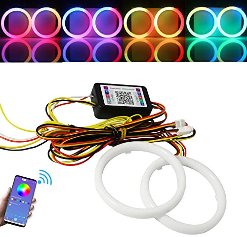 Qasim Angel Eyes Halo Anillos Luces de algodón 12V 70MM RGB LED Universal para Motocicleta Coche Scooter Motocicleta DRL Faro APP Control Bluetooth Multicolor Paquete de 2