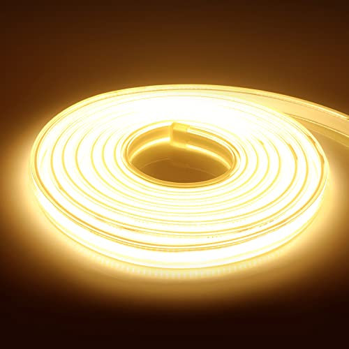 KISUFU DC 220V COB flexible LED bande lumineuse ip65 imperméable à l'eau super lumineux dimmable LED bande lumineuse haute luminosité 360 LED/M LED avec cordon d'alimentation. 15m, Blanc chaud.