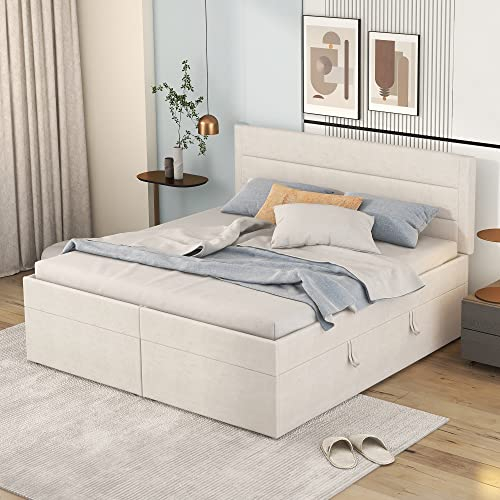 ZYLOYAL10 Polsterbett, Doppelbett mit Lattenrost aus Metallrahmen, Großer Stauraum, Beidseitig zu öffnen (Beige, 200x140cm)