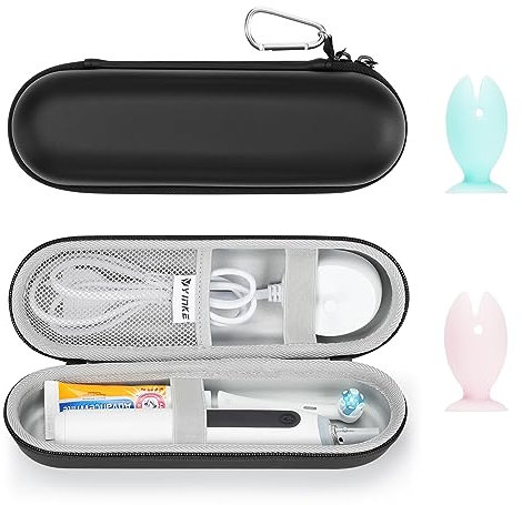 PhD Keisi Etui für elektrische Zahnbürsten von Oral-B, Schwarzes, silberfarbenes Gehäuse und 2 Kappen, Reisetasche