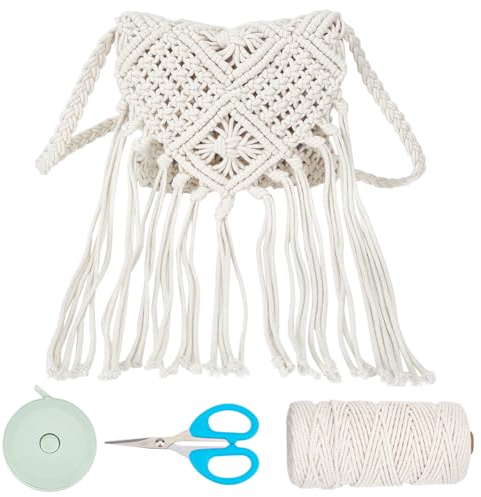 WEBEEDY Makramee-Tasche DIY Kit Bohemian Umhängetasche Makramee Geldbörse Set Mit Fransen Für Erwachsene Anfänger Inklusive 3 mm Natürlicher Makramee-Kordel Urlaubs-Stranddekoration, Mit Anleitung