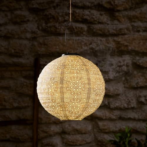 Lights4fun LED Solar Lampion 30cm Weiß – Marokkanische Tyvek Laterne mit Aufhänger | Wetterfeste Hängelaterne für Außen, Garten, Terrasse & Balkon | Solarbetrieb, Energieklasse A++