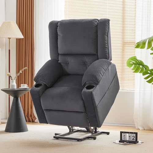 Merax Elektrisch Aufstehhilfe Fernsehsessel Relaxsessel, Massagesessel mit Liegefunktion, Massage Heizung, Seitentaschen, Getränkehalter, Liftautomatik TV Sessel, Polstersessel für Wohnzimmer, Grau