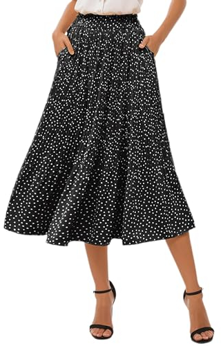 Timuspo Midi Plissee Schwarzer Rock Polka-Dots Faltenrock Damen Lang Sommerrock Skirts Elastischer Bund Röcke Sommer mit Taschen M