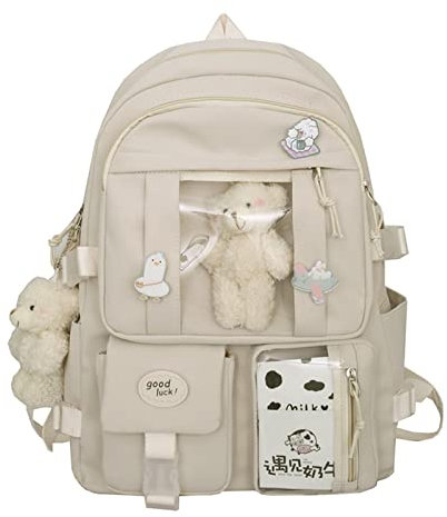 Jywmsc Kawaii-Schulrucksack für Mädchen und Frauen, süßer, ästhetischer Rucksack, Schul- und Büchertasche mit Anstecknadel und Zubehör (weiß)