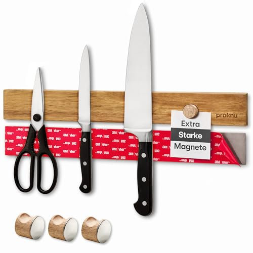 Praknu Porte Couteaux Aimanté Autocollante - 40 cm en Bois d’Acacia – Avec 3 Crochets Magnétiques - Barre Murale pour Jusqu’à 8 Couteaux Lourds