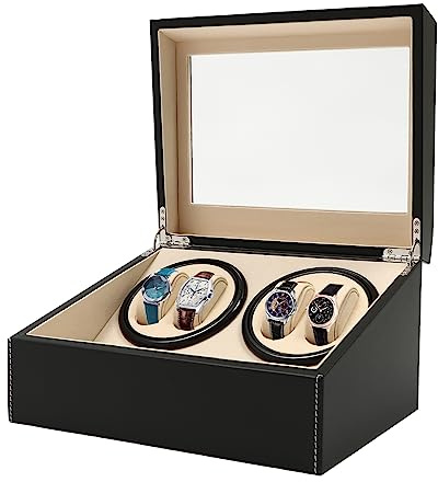 QUEEUCAER - Caja para relojes automática para 4 + 6, rotación automática, de cuero, de madera, color negro