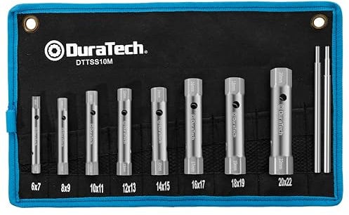 DURATECH Jeu de 10 clés à douille tubulaire avec 2 barres tommy, métrique, 6-22 mm, jeu de clé à pipe pour écrous arrières pour plomberie, installations et réparations de véhicules