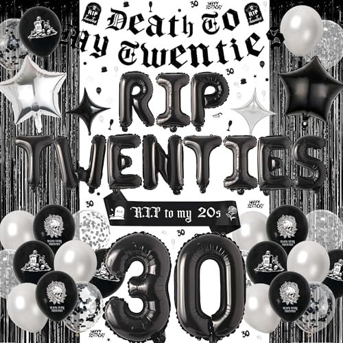 Rip 20er Jahre Geburtstag Dekorationen - Death to My 20s Dekorationen Set enthält Banner Lametta Vorhänge Schärpe Konfetti Latex Buchstaben Stern Zahl Ballons für Männer Frauen Goth Thema 30
