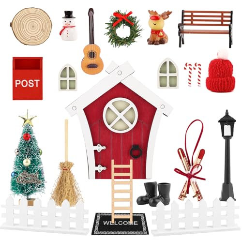 Wichteltür Set, 26-teiliges Wichteltür Set Weihnachten, Komplettes Wichtel Zubehör mit Licht, Weihnachtsbaum, Rentier, Leiter und Miniatur Deko – Perfekte Weihnachtsdeko für Feentür und Elfentür