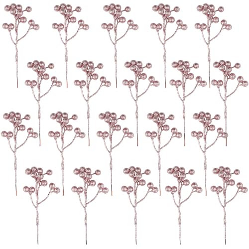 Fangoo 20 Pack 18 cm Red Berry Twig Stem Artificial Burgundy Berry Picks for Christmas Tree Decorations Wreath Making Supplies DIY Crafts Holiday Winter Home Decor(Pink)
