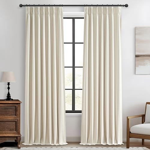 Cream Blackout Curtains & Drapes 96 Inches Long 2 Panels Set for Sliding Glass Doors, Pinch Pleated Thick Linen Blend Windows Curtain with Back Tab for Bedroom Cold Weather Thermal 40W x 96L