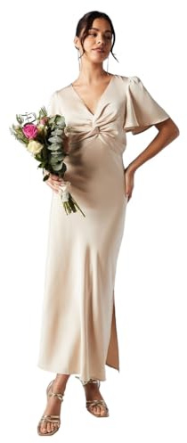 Oasis Satin Twist Front Angel Sleeve Midi Bridesmaid Dress, 14, Champagne