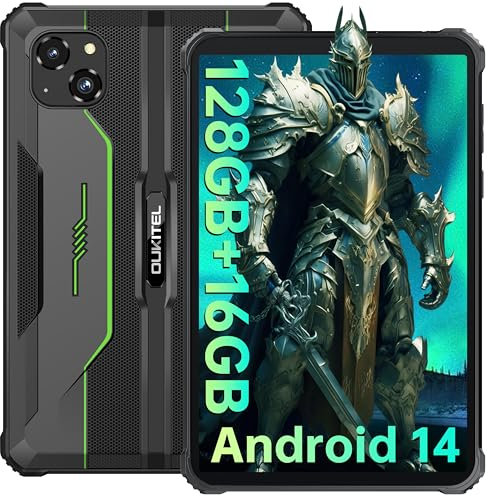 OUKITEL RT3 PRO Rugged Android 14 Tablet - 8 Inch, 128GB+16GB 16MP+8MP Multi-Camera, 5150mAh Battery Charger Gaming, IP68/IP69K Waterproof Camera, 4G Tablet, OTG, NFC, Green