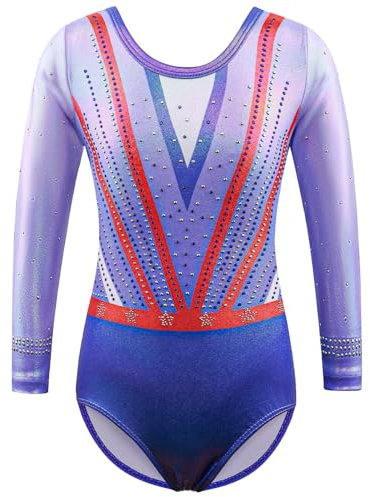 ZNYUNE Kinder Gymnastik Trikot mit Pailletten Mädchen Gymnastikanzug Langarm in Tüll B388 RedBlue 12A