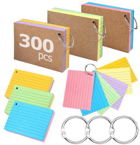 Siumir 300 Stücke Karteikarten, Doppelseitiger Druck, A7 Lernkarten, mit Krafteinband und Loseblattring, Sechsfarbige Linierte Karteikarte, geeignet für Büros & Wohnungen & Schulen (10,4 x 7,6 cm)