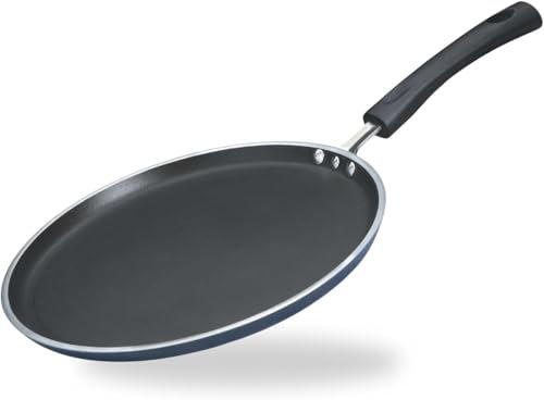 Non-Stick Crepe and Pancake Frying Pan, Flat Skillet, Forged Aluminium, Soft Grip Handle (25 cm Blue Non Induction)