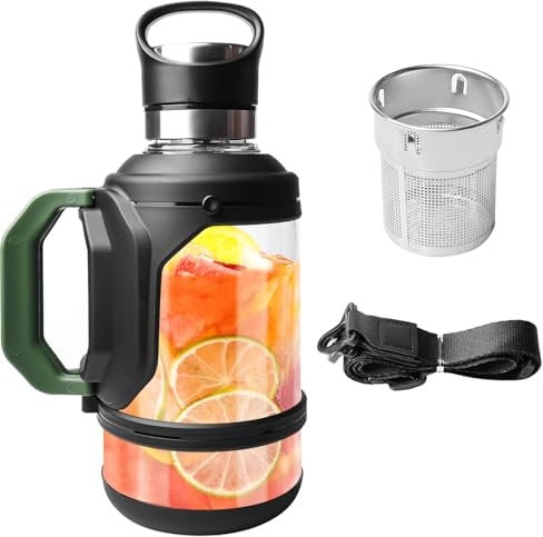 Trinkflasche Glas, 2 Liter Glasflasche, Wasserflasche Glas mit Sieb und Schultergurt, Auslaufsicher BPA Frei Glastrinkflasche bruchsicher mit Griff für Outdoor Sport Gym Büro Heim (Grün)