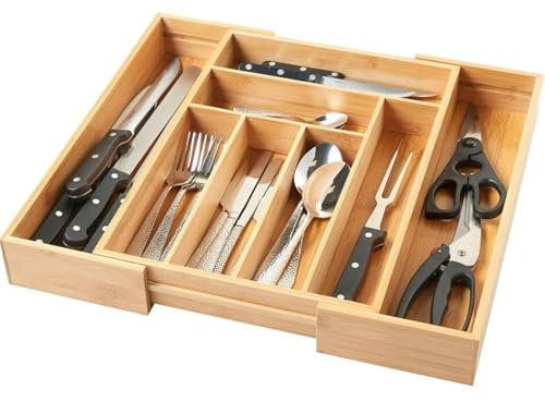 HSHa Ausziehbarer Besteckeinsatz aus Bambus für Schublade | 6-8 Fächer | Messer- und Utensilienhalter, 32-52 x 43 x 5cm