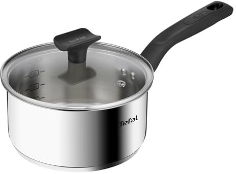 Tefal Titanium Max Stainless Steel 18 cm Saucepan with Glass Lid, 2.2L, All hobs + Induction Compatible