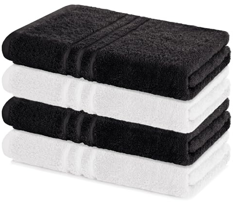 Lavea® 4er Set Duschtuch 70x140 cm, Weiß & Schwarz | 100% Baumwolle – Badetücher Set in weicher Frottee-Qualität, saugstarkes Duschhandtuch für Badezimmer, Frottierserie Elena