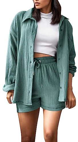 Zweiteiler für Damen Sport, Zweiteiler Damen Sommer Outfits Musselin Bluse und Shorts, Aesthetic 2 Teiler Lounge Set Elegant Baumwolle Sportanzug Oversize Hosenanzug Langarm Hausanzug Y2K Clothes