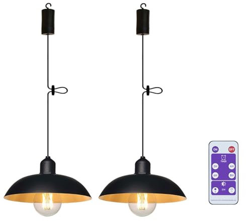 YIKEGE LICHT 2X Battery Operated Outdoor Chandelier for Gazebo Pendant Light Industrial Hanging Lamp with Remote Decorative Lights Indoor Lantern Powered by 4*AA Batteries for Porch Pavilion Camping