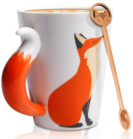 360 ml, regalo di volpe con cucchiaio, smalto liscio in ceramica, tazza da caffè volpe, tazza 3D, tazza regalo per Natale, compleanno, anniversario, ufficio e casa